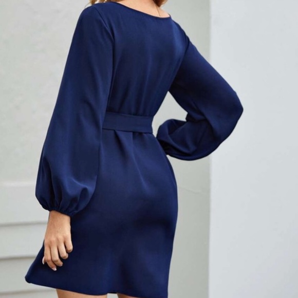 Navy blue lantern long sleeve belted mini dress - Picture 7 of 14